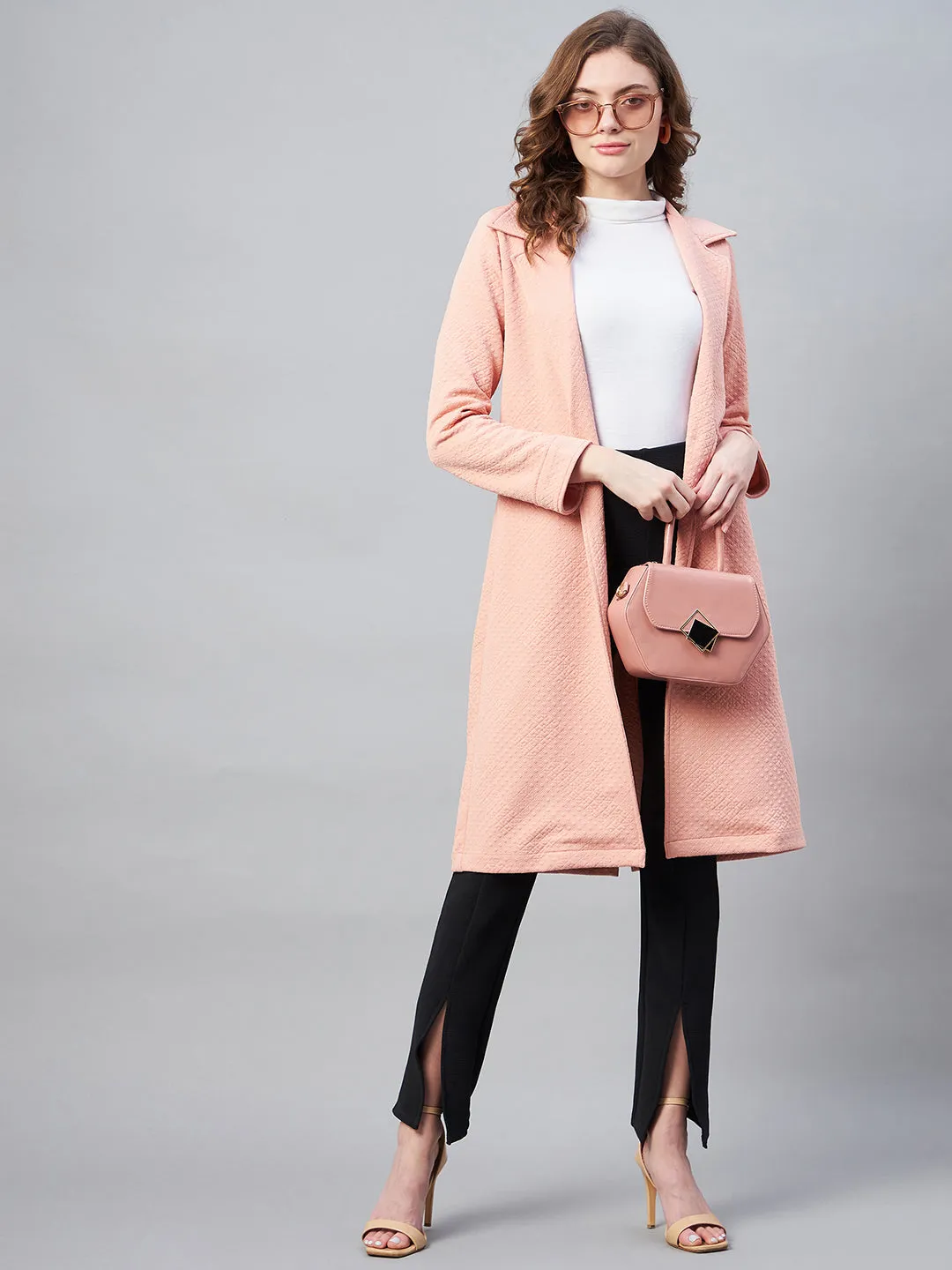 Women's Pink Polyester Jacquard Self Design Overcoat - StyleStone