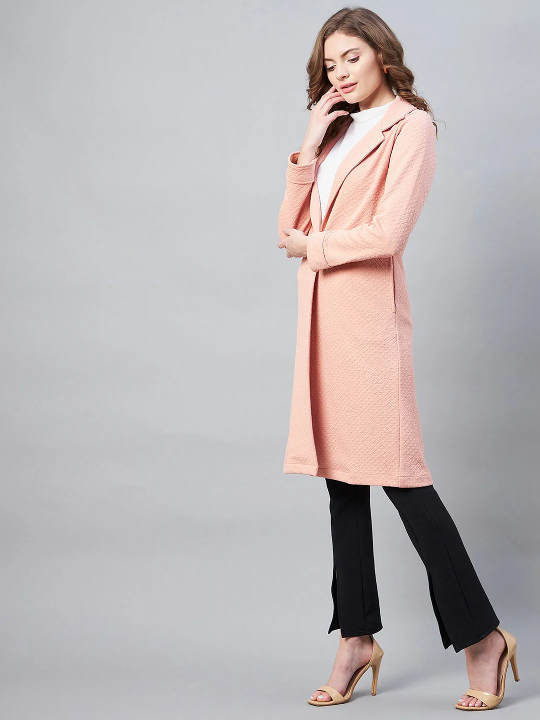 Women's Pink Polyester Jacquard Self Design Overcoat - StyleStone