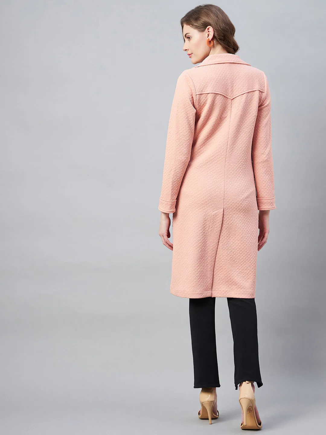 Women's Pink Polyester Jacquard Self Design Overcoat - StyleStone